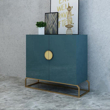 2-Door Peacock Blue Console Table Storage Cabinet Entryway Gold Accent